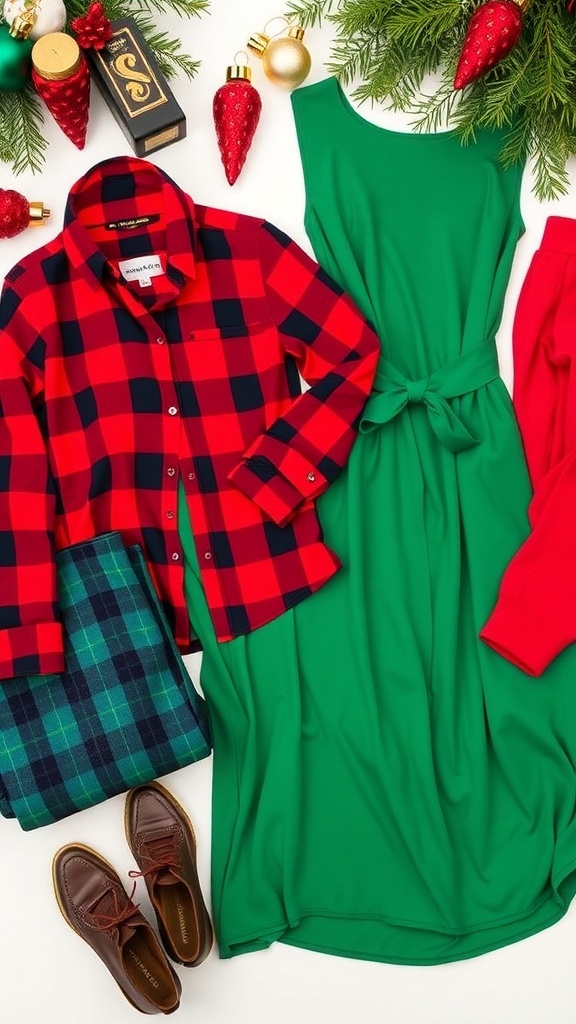 Festive Green and Red Christmas Outfit Ideas Flat lay of green and red Christmas outfit ideas with festive decorations.